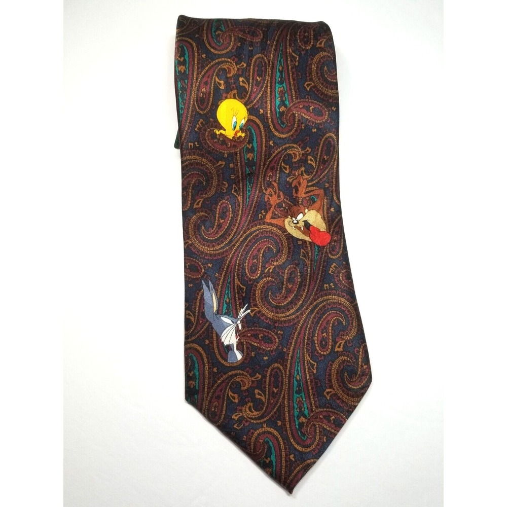 Looney Tunes Characters Paisley Blue Teal Wine Textured Polyester Pointed‎ Tie